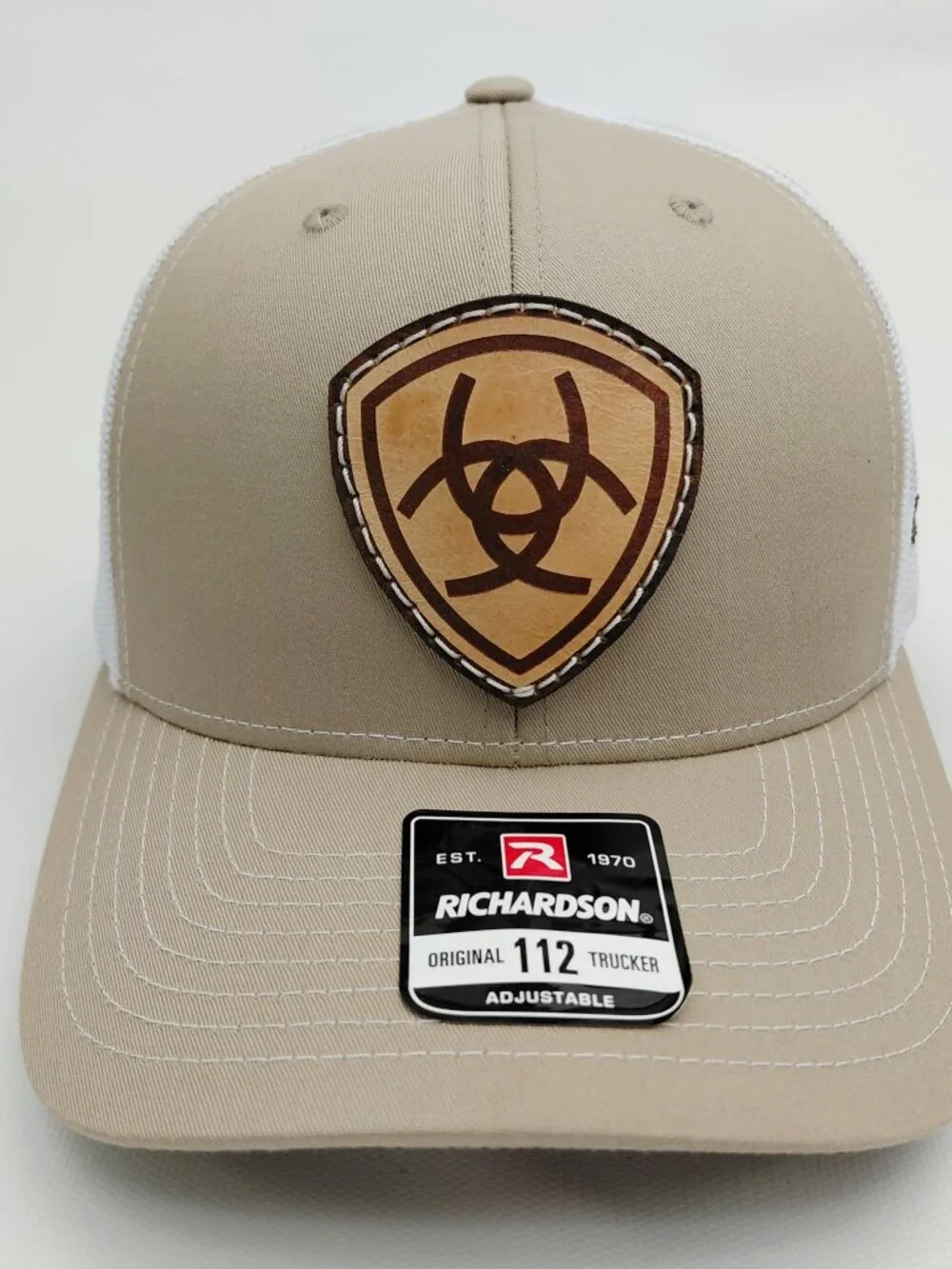 Western Shield Leather Patch Khaki White Richardson 112 Trucker Hat Cap New Aria